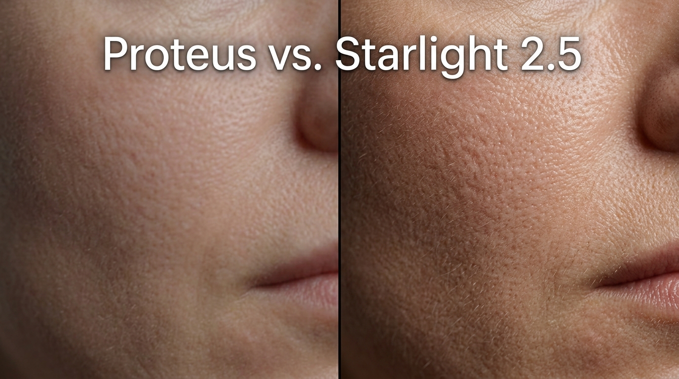 Side-by-side visual comparison of Topaz Proteus low-resolution upscaling versus Starlight 2.5 4K precision upscaling.