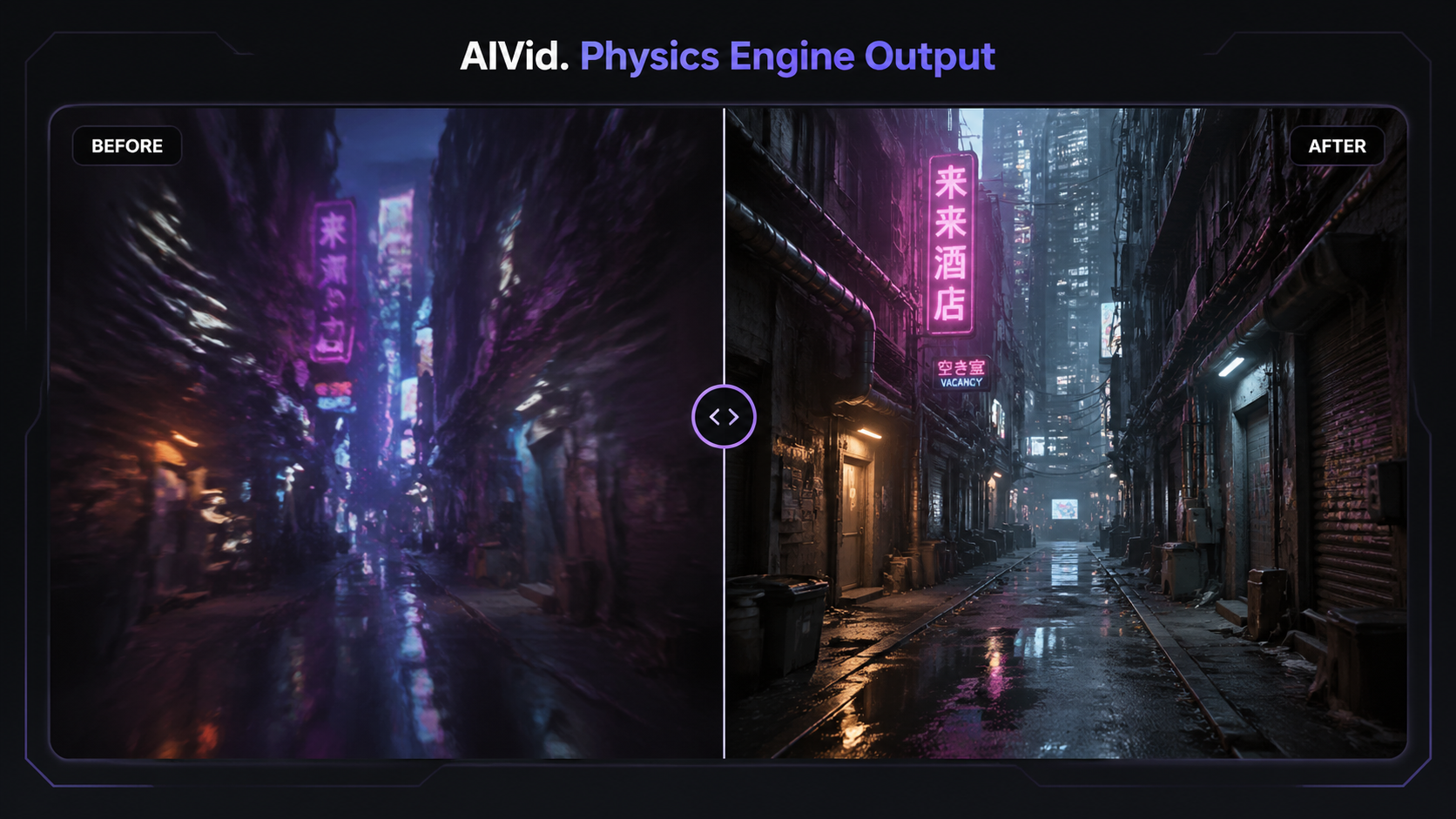 Before and after visual split comparing old AI video prompting against the new structural formula, highlighting 1:1 spatial physics for text-to-video workflows. [Before/After Split] A 1:1 split screen layout showing a blurry, morphed cyberpunk city on the left versus a hyper-sharp, physically locked cinematic alleyway on the right. Dark mode UI frame. Typography: 'AIVid. Physics Engine Output'.