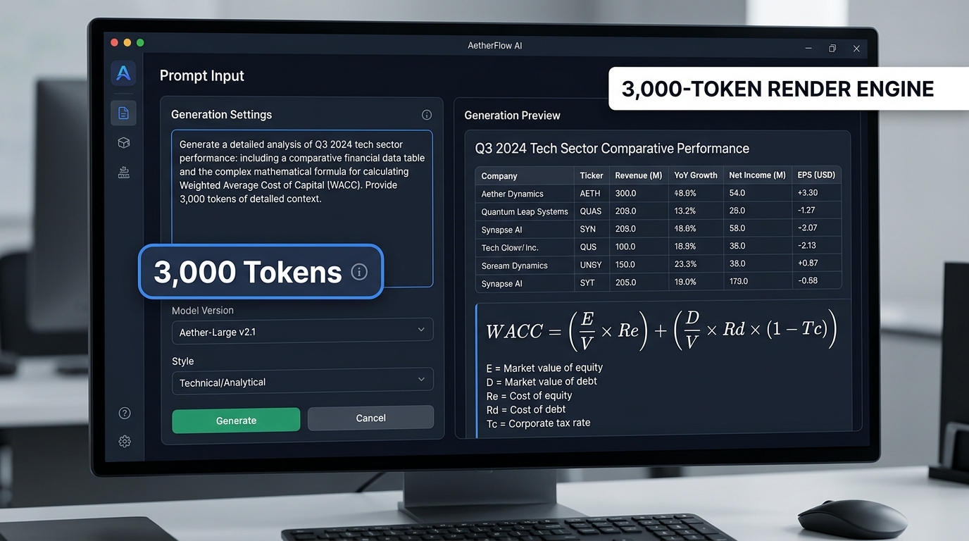 AIVid interface showing a 3,000 token prompt and a generated image with flawlessly rendered tables and mathematical formulas.