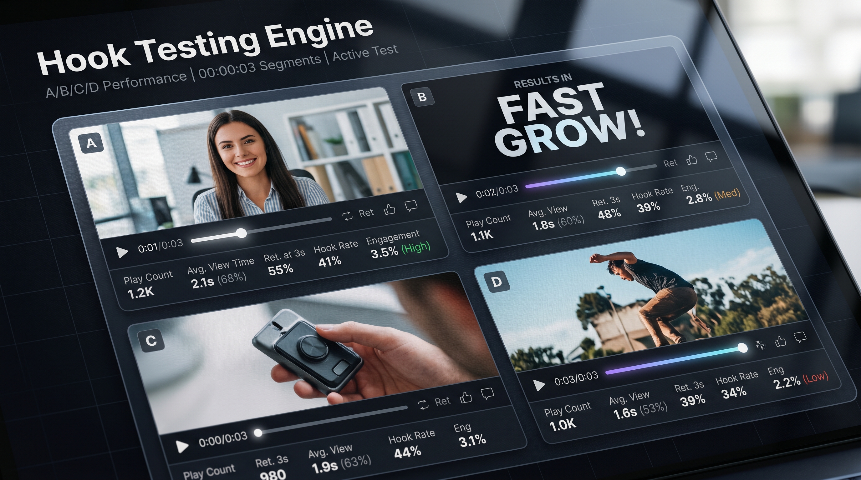 Macro UI shot of a software dashboard displaying an A/B testing grid for 3-second TikTok video hooks.