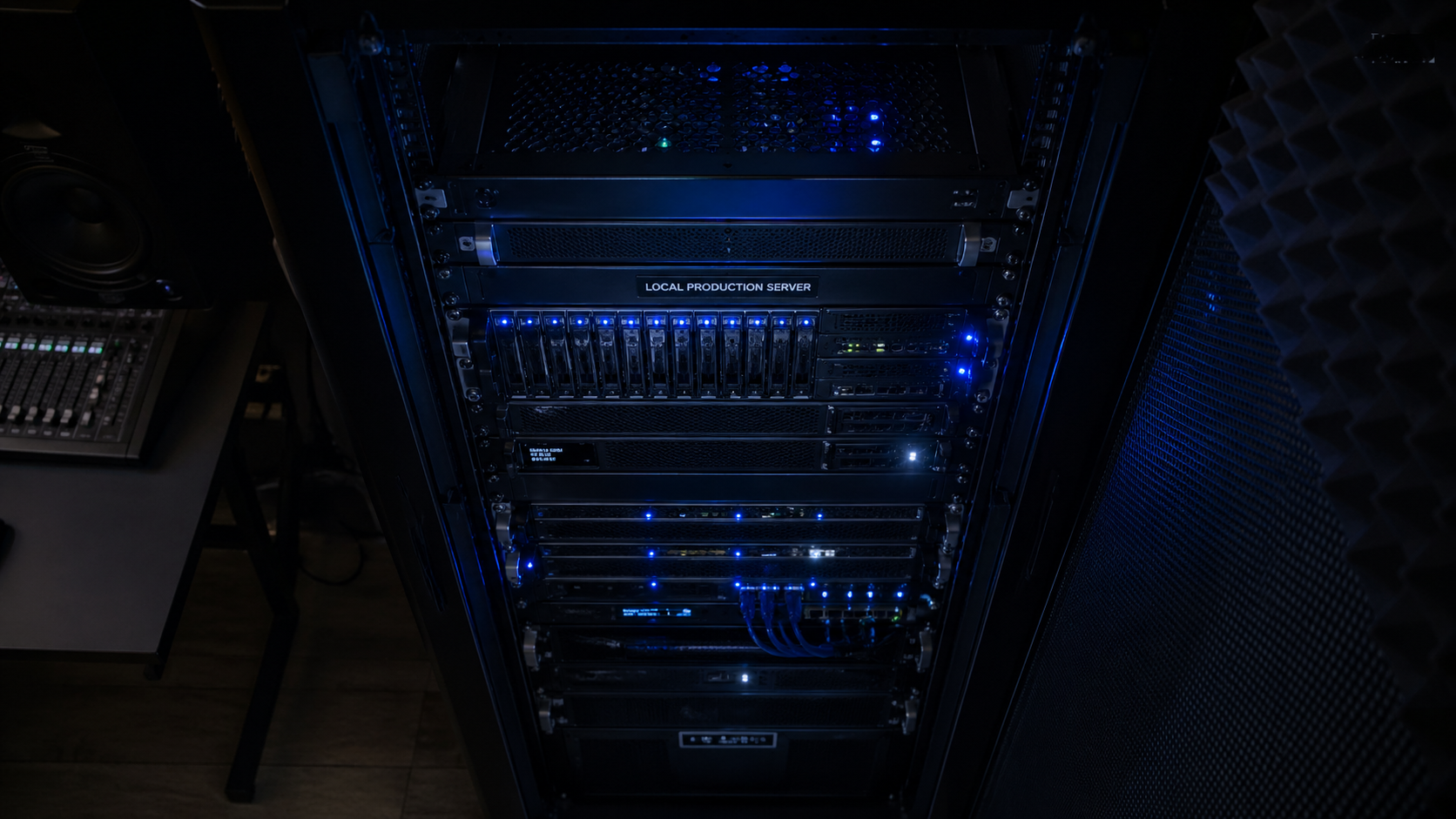 AIVid. Enterprise Hardware Pipelines- [Editorial / Documentary] Dramatic overhead shot of a server rack inside a local production studio, illuminated by soft blue and white LED indicator lights, highlighting the transition from cloud dependence to local hardware.