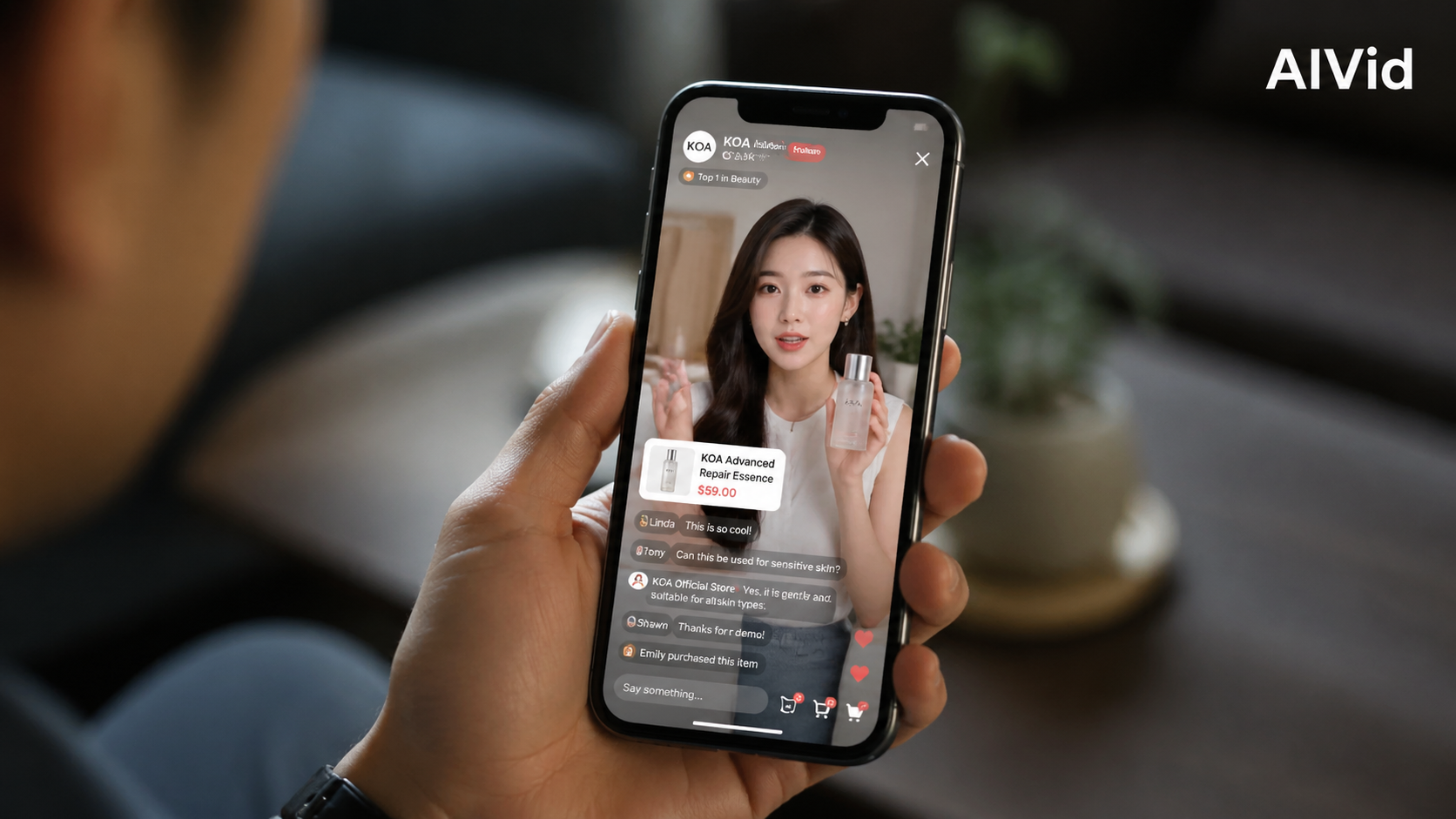 Consumer interacting with a real-time AI digital spokesperson during an e-commerce live stream on a mobile device. [Editorial / Documentary] High-end, shallow depth-of-field shot of a person holding a smartphone. The screen displays a hyper-realistic AI digital spokesperson running a live commerce stream, with real-time UI chat overlays. Cinematic, natural lighting. Typography Label: AIVid.