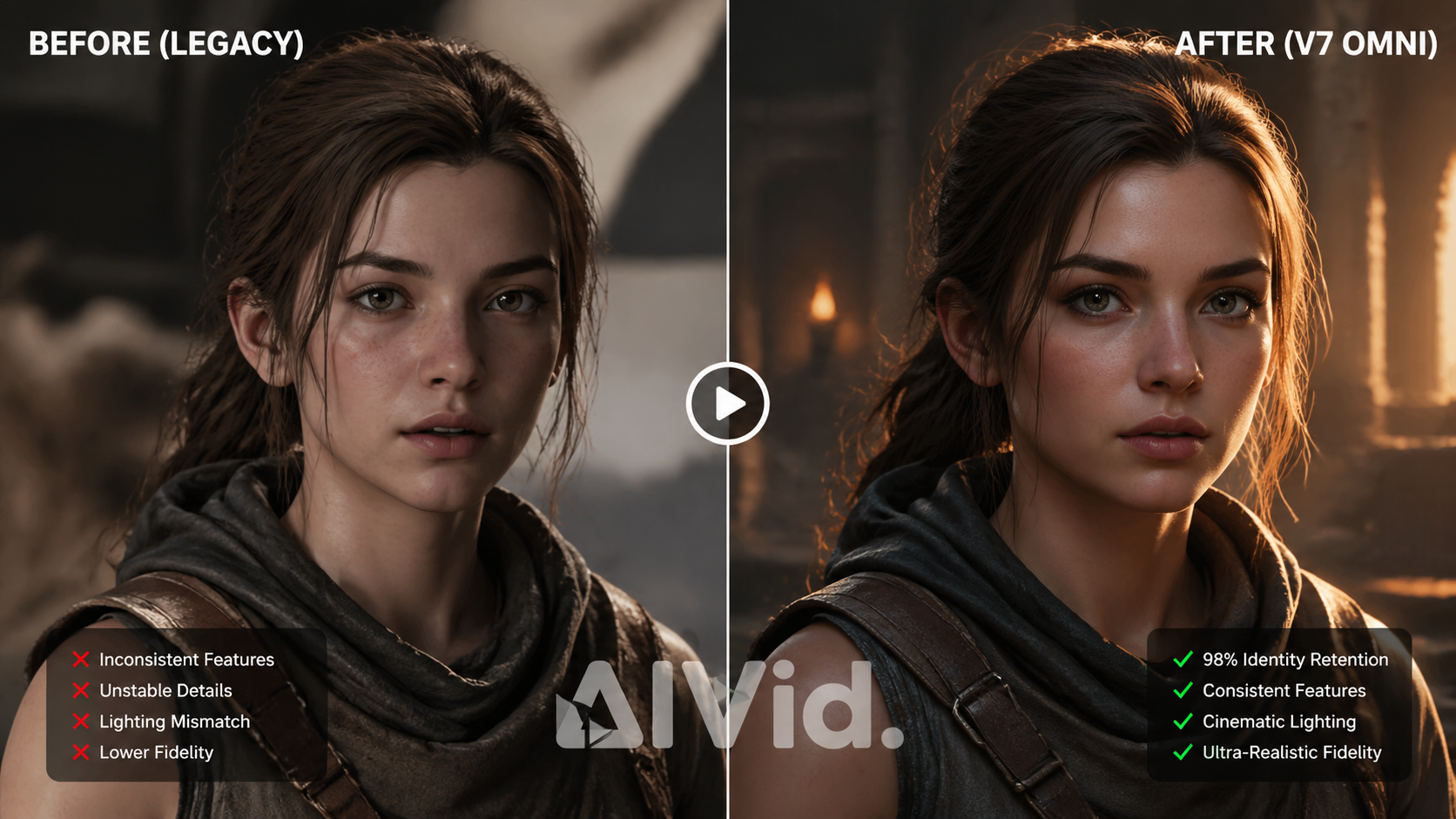 Before and after split showing Midjourney V7 character consistency and identity retention using Omni Reference. [Before/After Split] 1:1 visual comparison. Left side shows a character with inconsistent features (Legacy). Right side shows exact 98% identity retention in a cinematic lighting environment (V7 Omni). AIVid. watermark overlay.