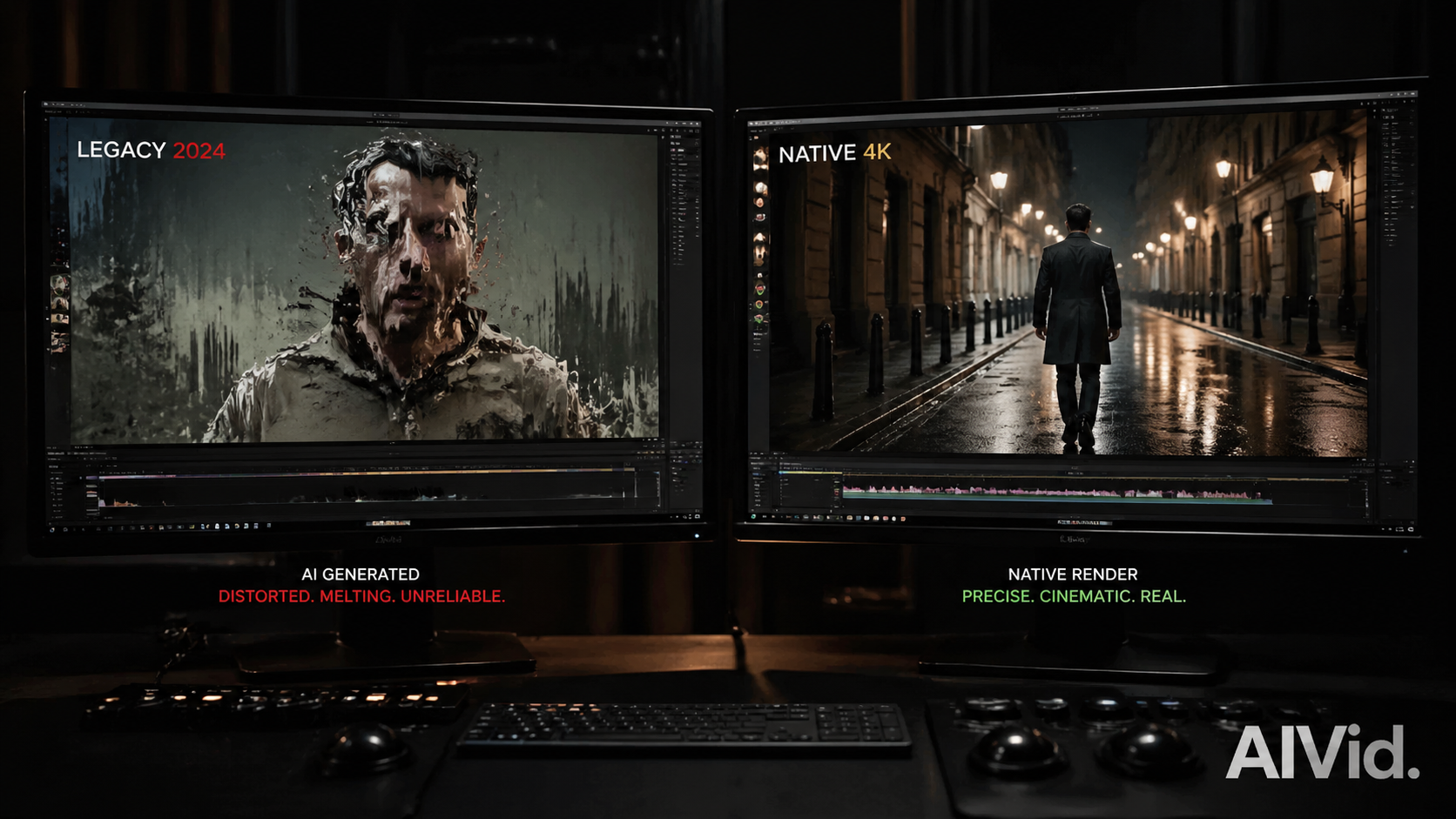 Split screen comparison showing distorted 2024 AI generation versus native 4K text to video ai professional framework output. Prompt: [Before/After Split] High-end macro photography of a dual-monitor editing bay. Left screen shows a distorted, melting AI video frame (Legacy 2024). Right screen shows a perfectly rendered, native 4K photorealistic cinematic shot of a subject walking. Integrated typography watermark: 'AIVid.'. Chiaroscuro lighting.