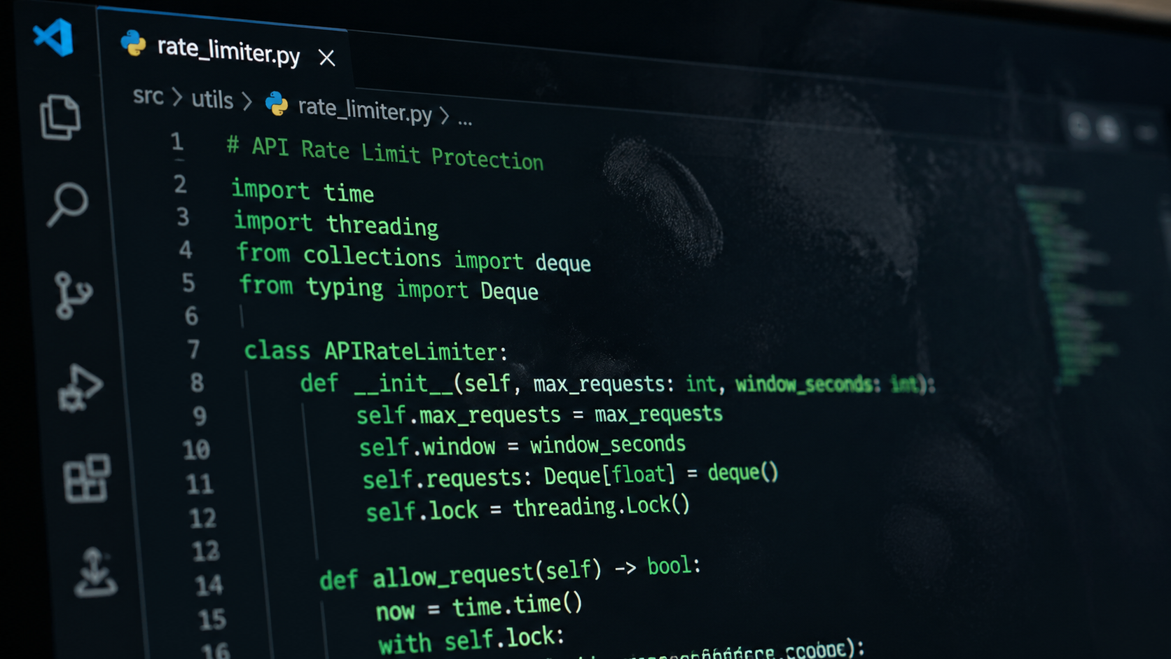 Macro shot of a code interface displaying youtube automation ai rate limiting algorithms. [UI/UX Technical Shot] Macro photography of a Python script interface inside VS Code, focusing on green syntax highlighting on a dark glass monitor with fingerprints. Depth of field blurring the background. Typography Label: "API Rate Limit Protection"
