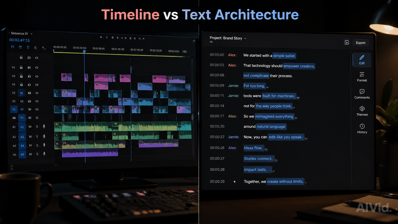 Split-screen comparison of a traditional non-linear timeline editor versus a modern AI text-based video editor interface. AI Video Editor Guide. A clean, 16:9 split-screen macro shot. Left side shows a traditional, chaotic non-linear editing timeline with multiple layers and colorful blocks on a dark monitor. Right side shows a clean, minimalist text-based document interface highlighting spoken words. Moody chiaroscuro lighting, professional workspace environment. Subtle, transparent 'AIVid.' wa