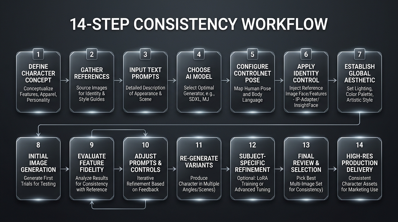 Workflow diagram illustrating the 14-step pipeline for AI image character consistency