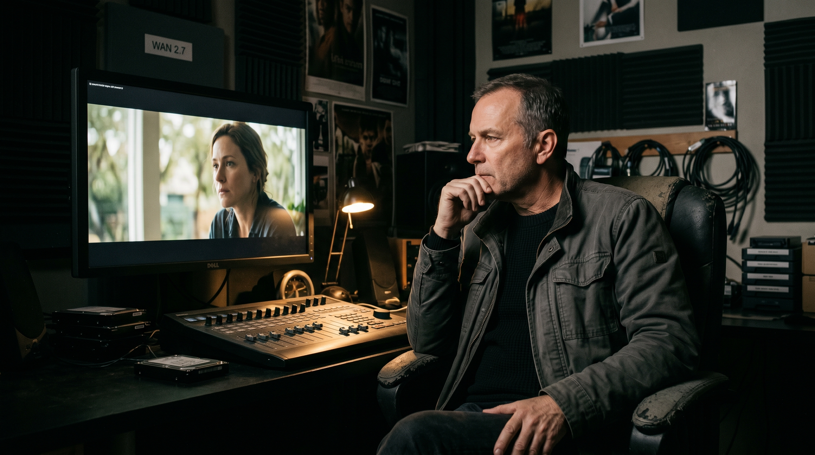 Professional filmmaker in a high-end editing suite preparing to use absolute generative AI video models.