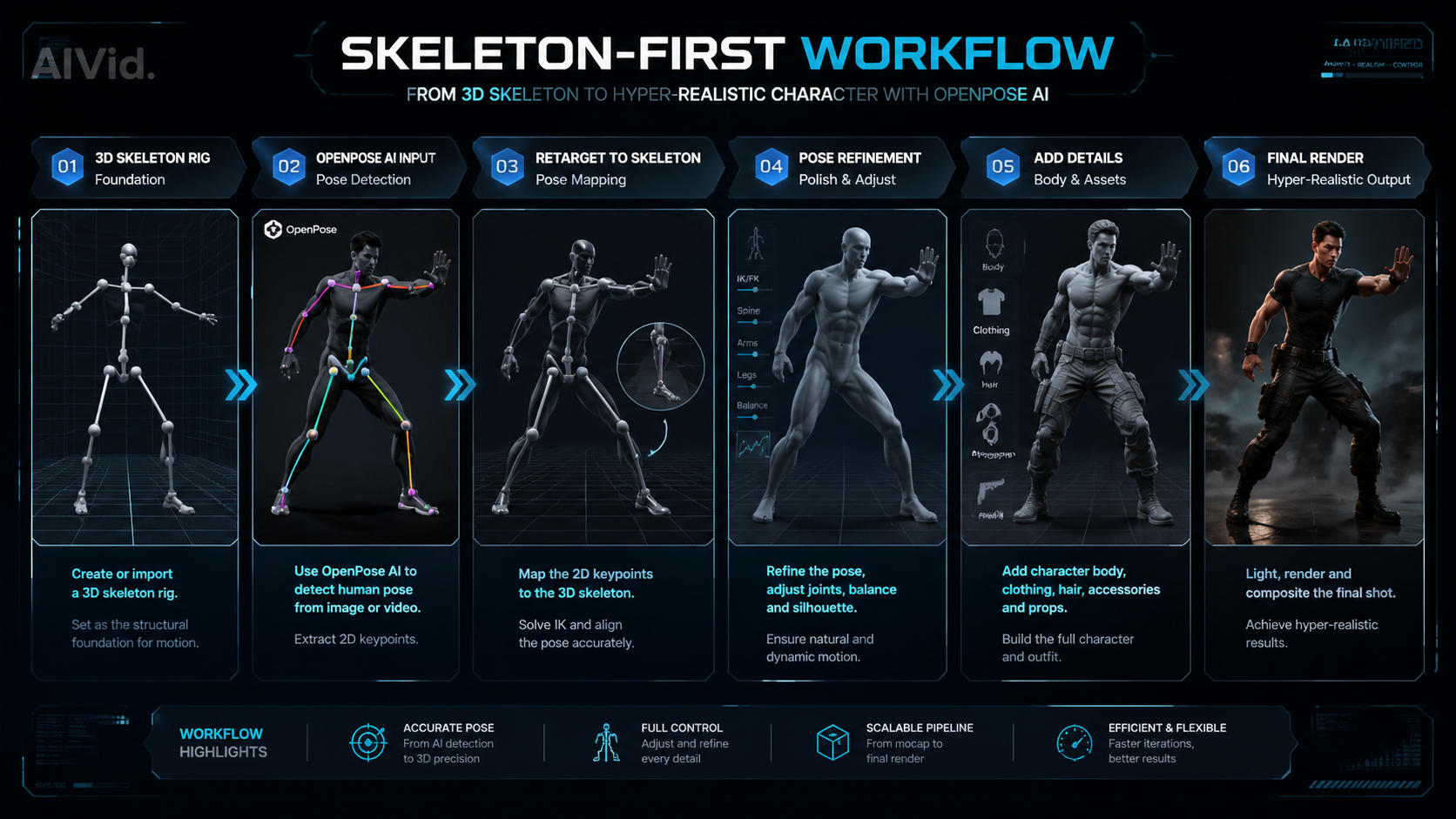 Visual logic map showing a skeleton-first workflow moving from 3D joint rigs to fully rendered characters. Prompt: [Workflow Diagram] A 16:9 visual logic map depicting a Skeleton-First OpenPose AI workflow, transitioning smoothly from a 3D skeletal joint rig to a fully rendered hyper-realistic character. High-tech interface design. Typography Label: 'Skeleton-First Workflow' with subtle AIVid. watermark.