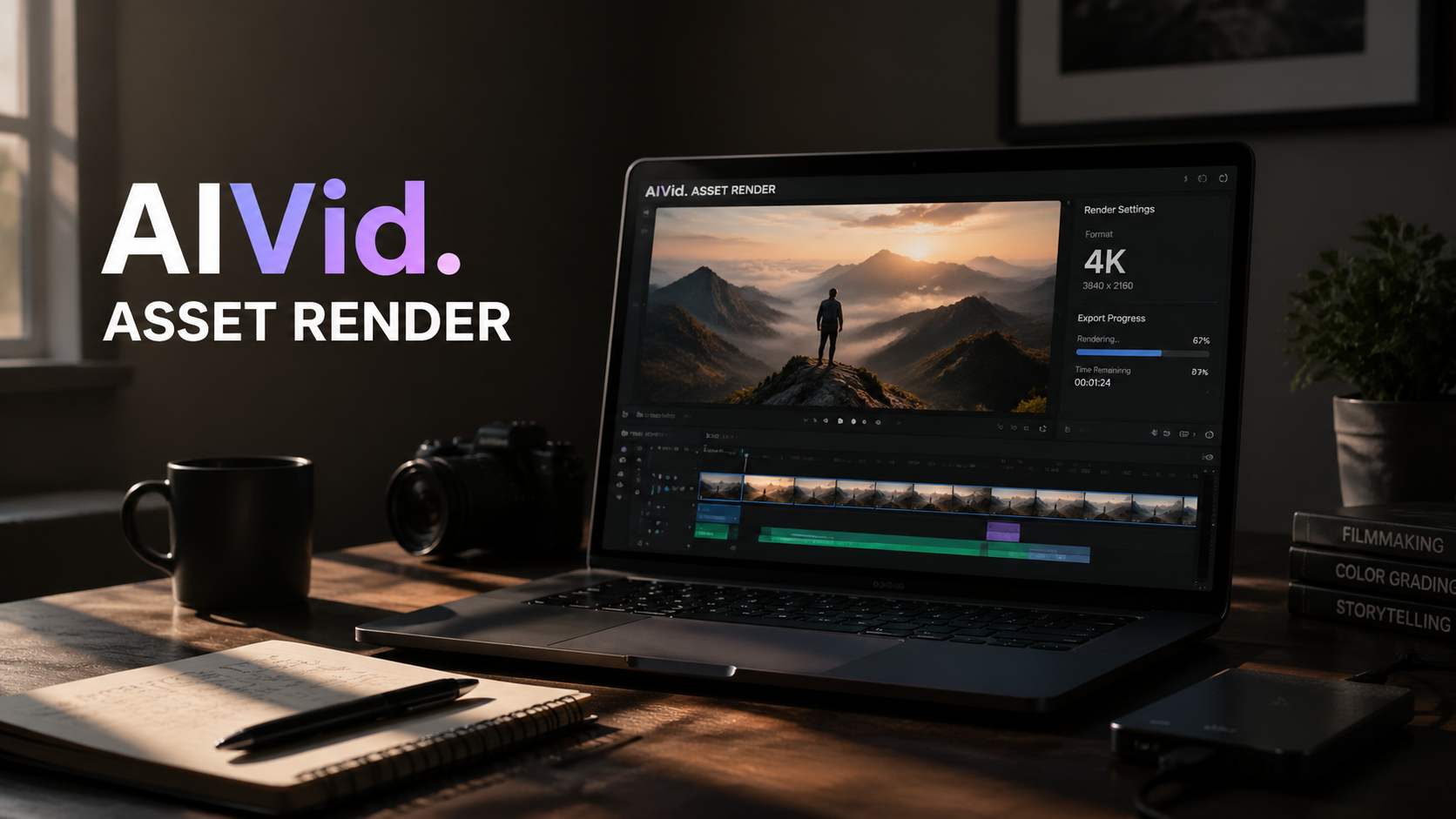 A minimal workspace showing a creator rendering content with free AI video generators.