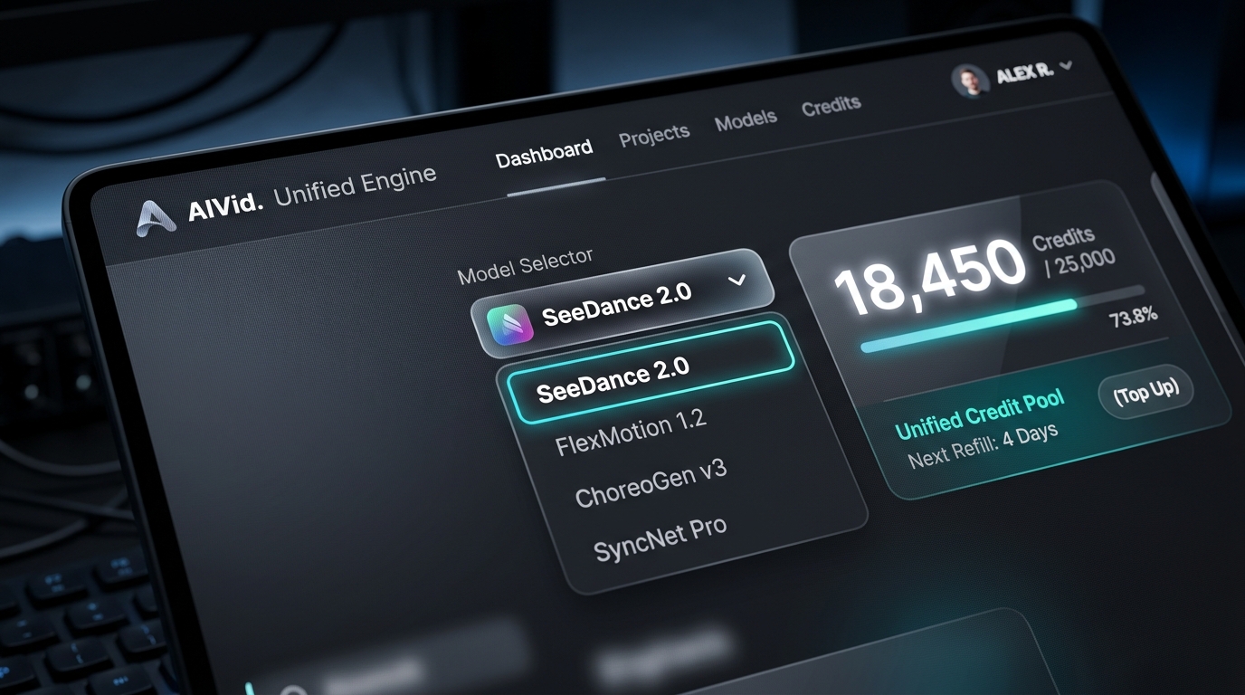 The AIVid unified dashboard showing model selection and unified credit pool for professional video generation.