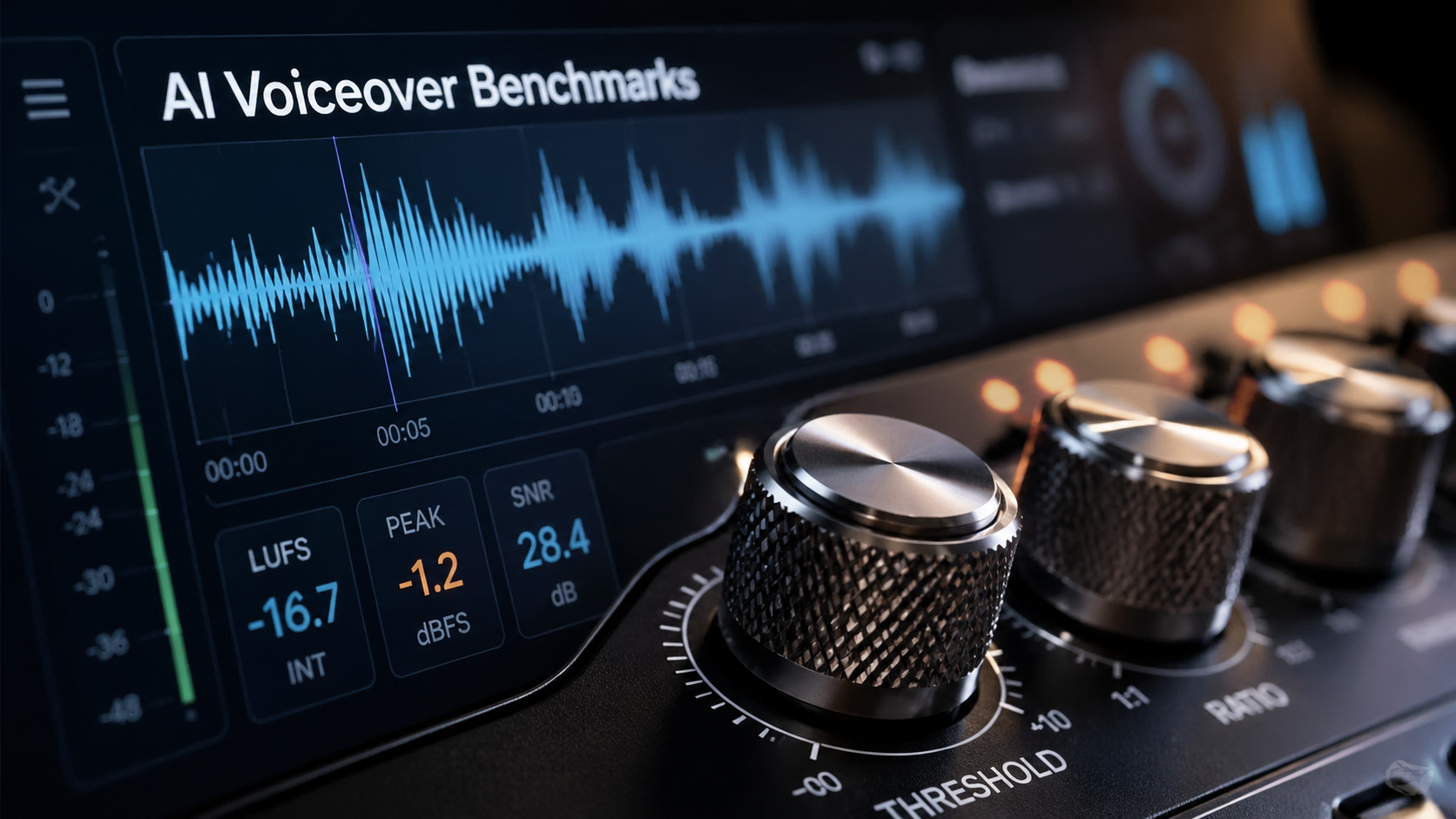 Macro photograph of audio mixing equipment and ai voiceover waveform tracking software. [UI/UX Technical Shot] Extreme close-up macro shot of professional studio mixer dials alongside a software audio waveform UI on a sleek glass screen. Shallow depth of field emphasizing metallic textures. Typography Label: "AI Voiceover Benchmarks"