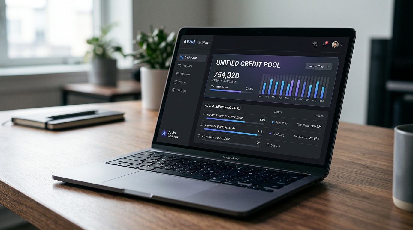 Angled view of a laptop screen displaying the AIVid unified credit pool dashboard.