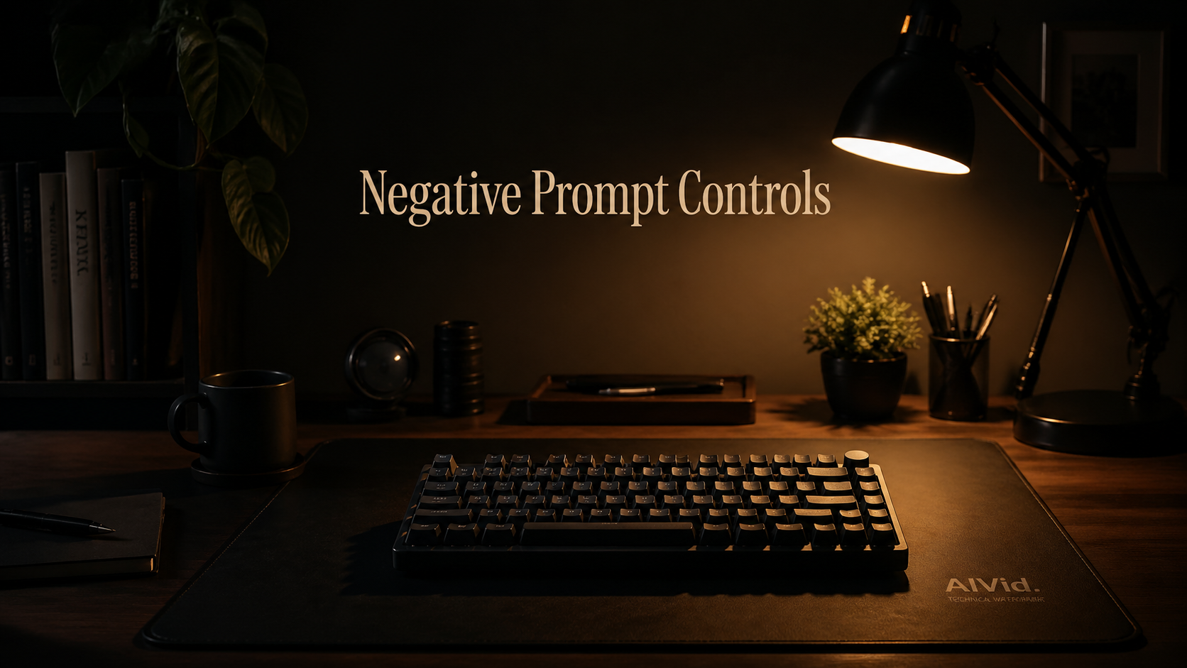 Editorial shot of a professional workspace used for managing a youtube automation ai operation. [Editorial / Documentary] High-end, moody chiaroscuro photography of an empty creator workspace featuring a dark mechanical keyboard and a soft amber desk lamp. Subtle AIVid. technical watermark on the desk. Typography Label: "Negative Prompt Controls"