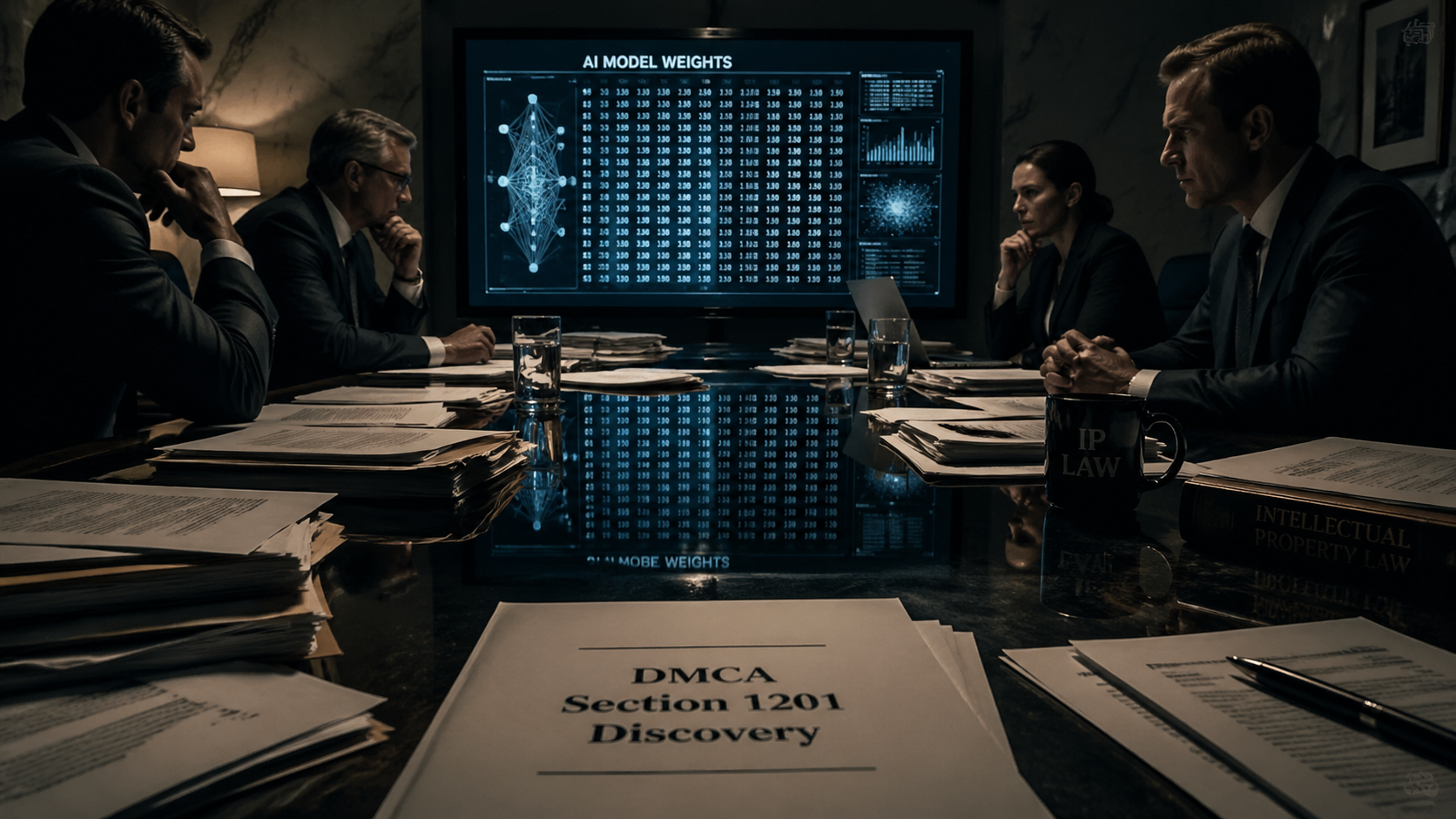 Legal team analyzing AI model inversion data during an ai art theft copyright infringement lawsuit. Cinematic, moody photography of a high-stakes legal boardroom. Documents scattered on a sleek glass table reflecting a glowing screen displaying AI model weights. Chiaroscuro lighting, tense corporate atmosphere.