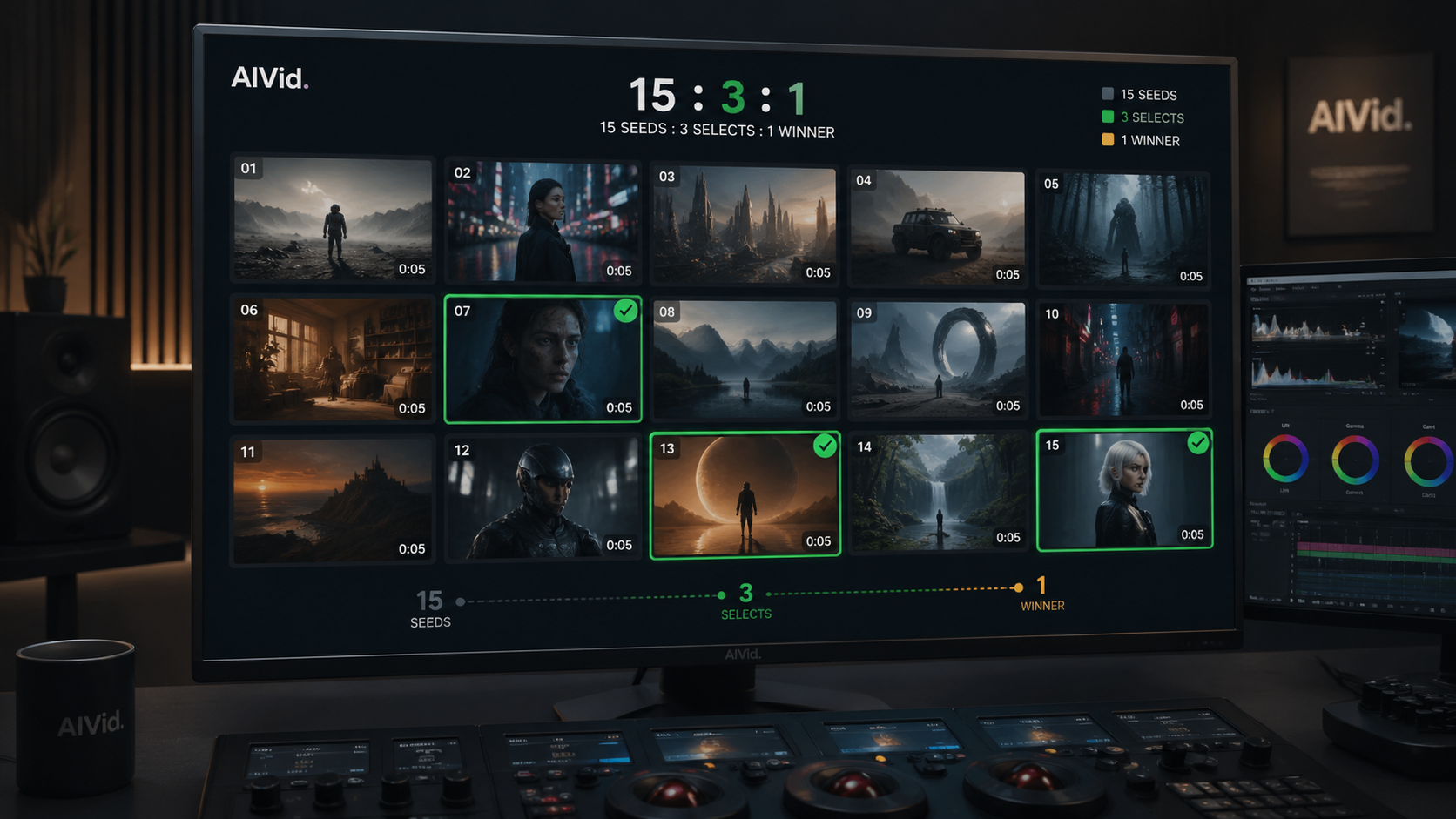 Monitor showing a 15-grid layout of video seeds applying the 15:3:1 volume strategy in AI content creation. Prompt: [UI/UX Technical Shot] A high-resolution monitor displaying a 15-grid batch generation layout of AI video seeds. Three optimal clips are highlighted with green checkmarks, representing the 15:3:1 volume rule. Professional color grading suite background. Integrated typography watermark: 'AIVid.'.