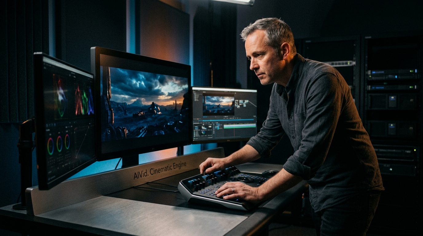 Professional creative director using AIVid platform for Kling 3.0 generative filmmaking on a multi-monitor setup.