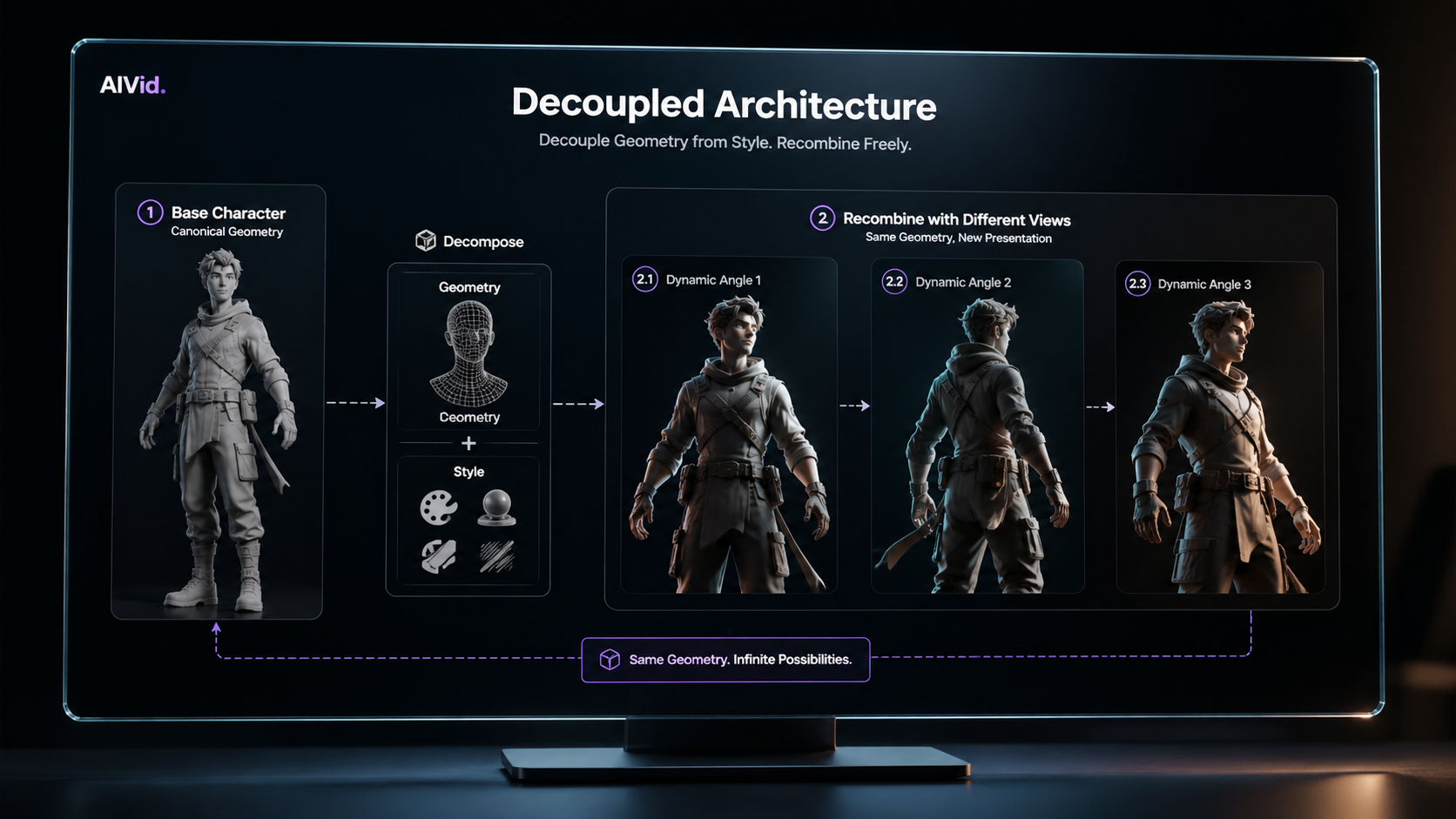 Alt Text: A minimalist workflow diagram demonstrating midjourney character creation across multiple comic panels and cinematic camera angles. Caption: A decoupled workflow ensures your character geometry remains stable across every storyboard panel. Long Description: A visual step-by-step logic map on a glass interface showing a base character portrait mapping to three different dynamic poses (close-up, wide shot, dutch angle) using the midjourney same character technique. Illuminated by soft st