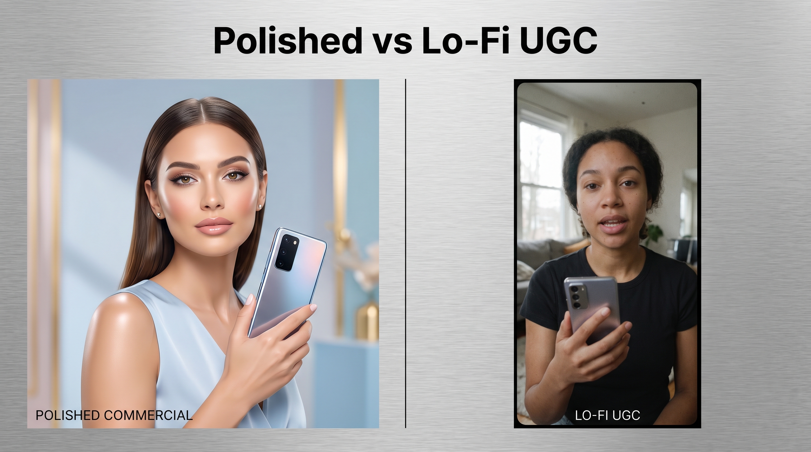 Split screen comparison showing a polished commercial video versus a lo-fi UGC style vertical video.