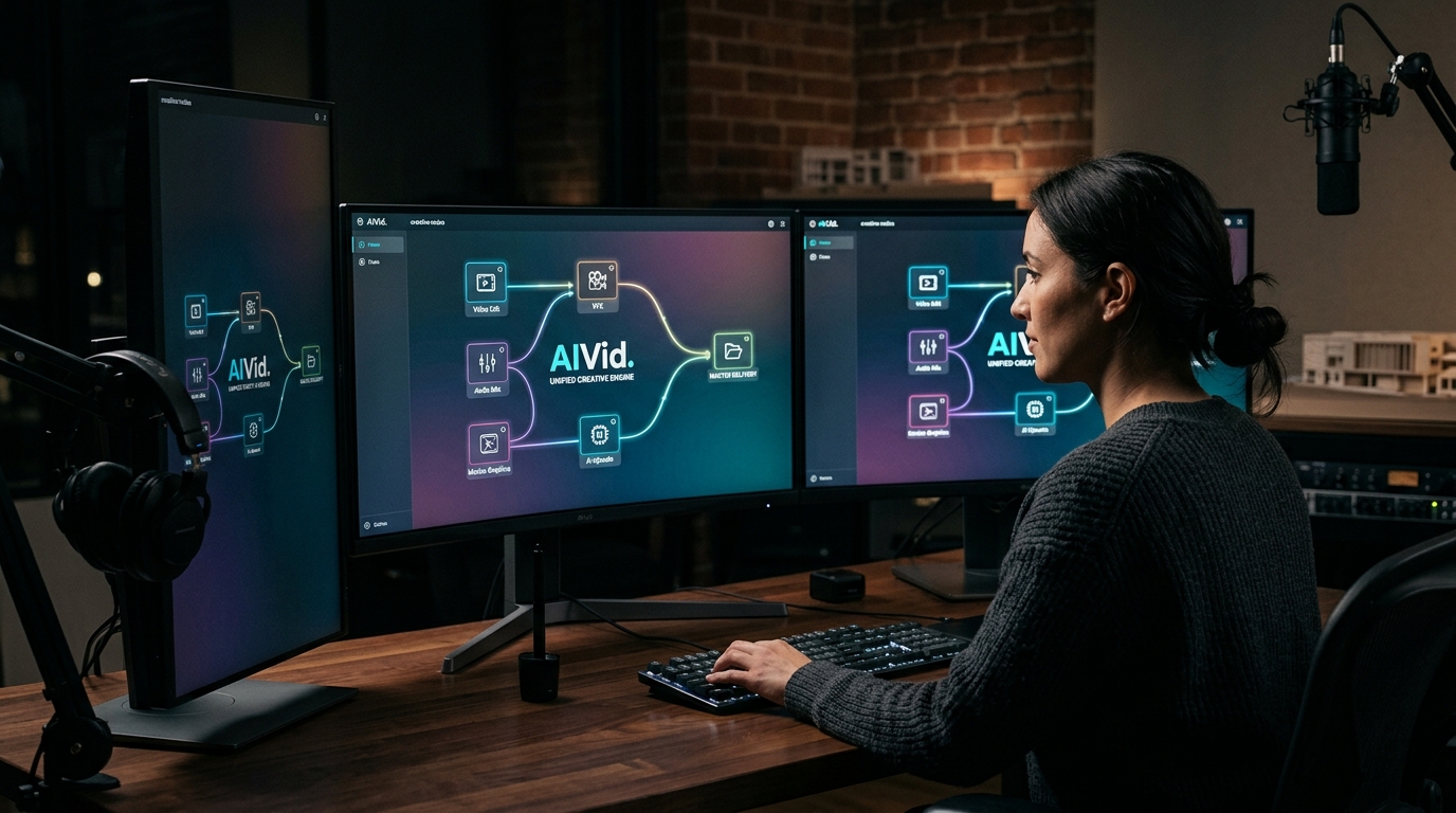 High-end professional workspace featuring multi-monitor setup displaying the AIVid. unified creative engine dashboard.