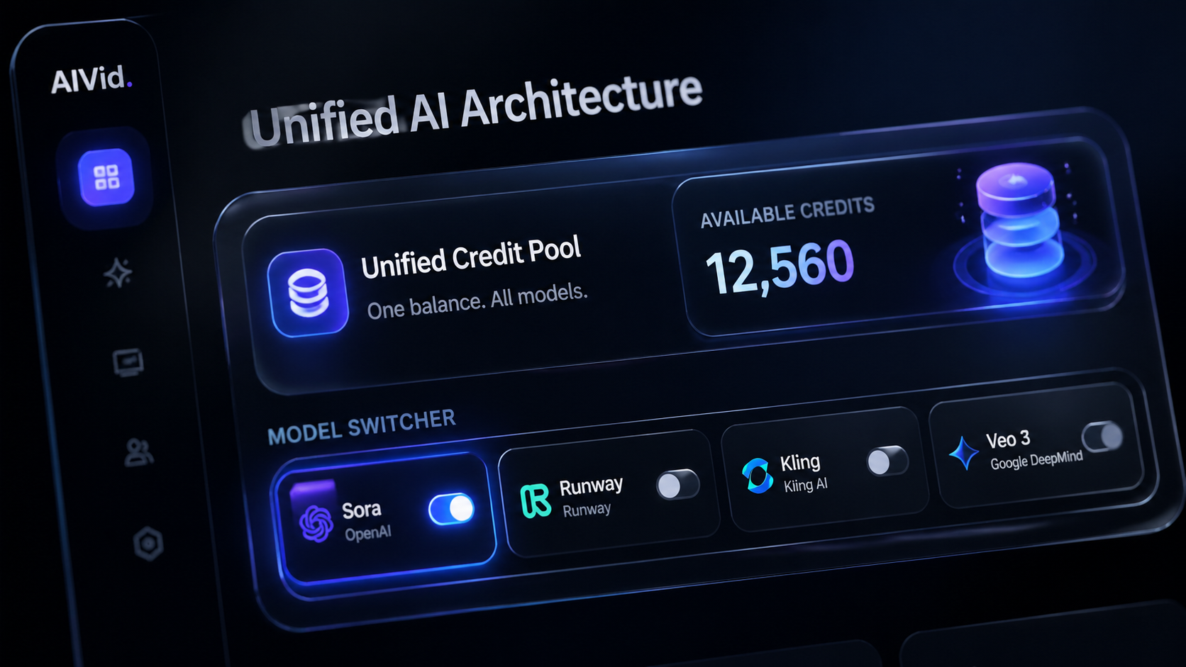 Alt Text: A close-up UX shot of a unified AI architecture dashboard allowing instant switching between premium AI video 2026 models. | Caption: A single unified credit pool eliminates the friction of managing multiple AI platform subscriptions. | Long Description: High-resolution interface photography demonstrating how modern creators utilize a single hub to deploy various generative models via an intuitive toggle system. | Rationale: Directly bridges the technical article to the final AIVid com