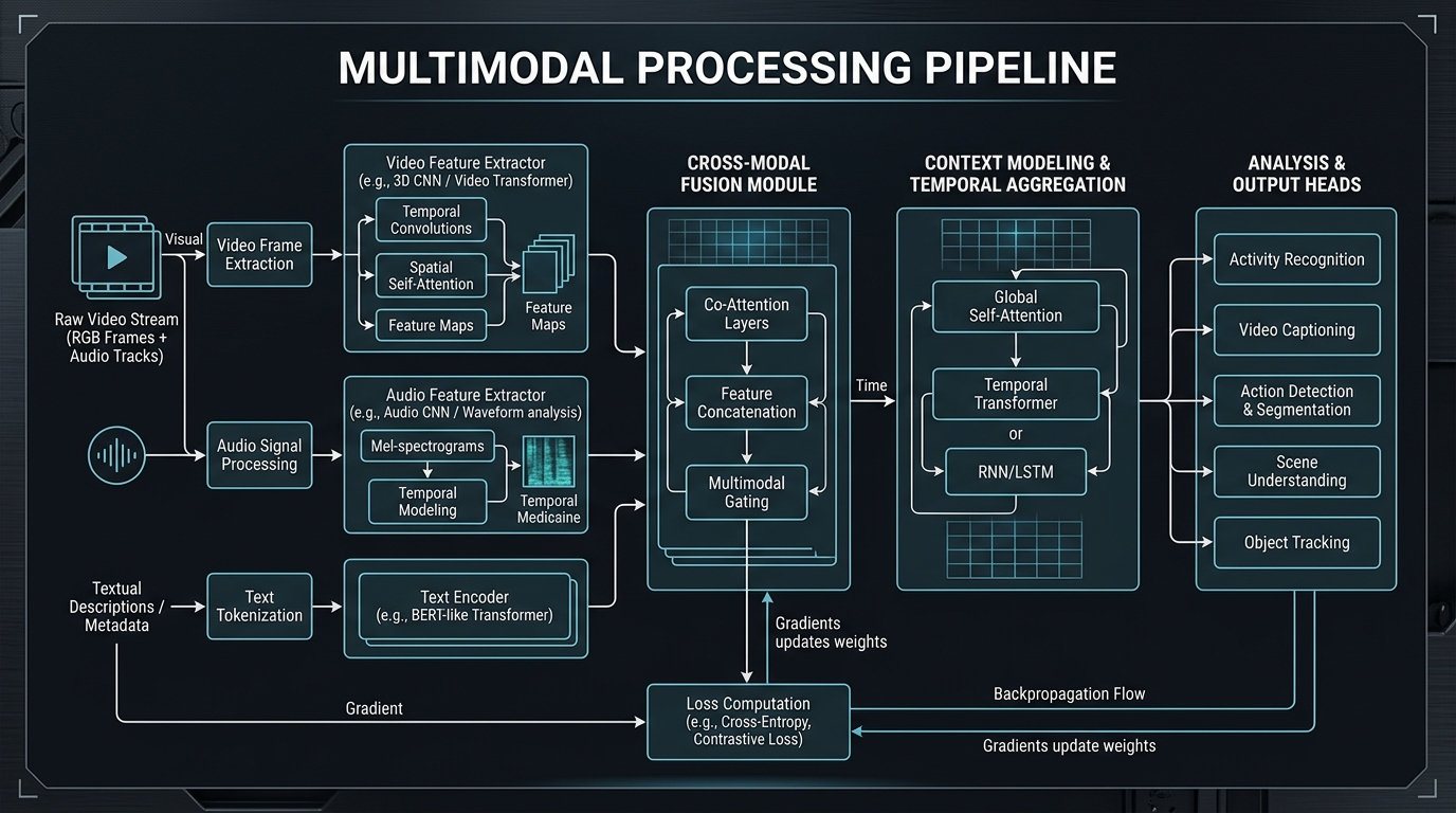 Technical workflow diagram illustrating the multimodal processing architecture of advanced AI video models.