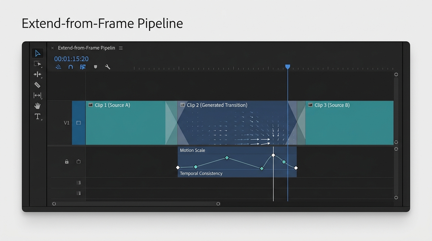 UI technical shot of a timeline editor demonstrating the 3-step extend-from-frame video chaining workflow.