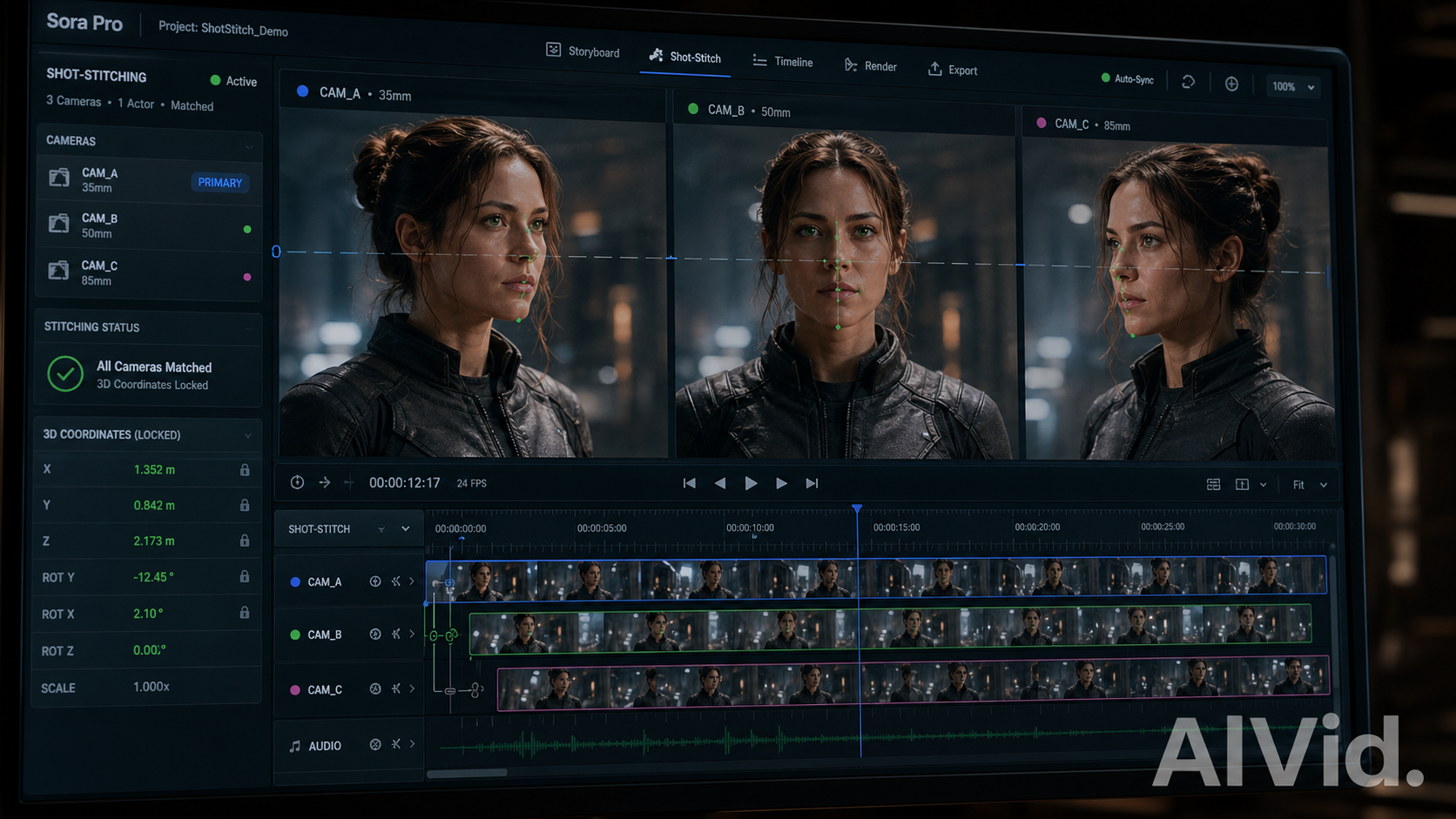 Software interface demonstrating character consistency across multiple camera angles in top AI video models. Prompt: [UI/UX Technical Shot] Close-up of a high-end timeline software interface showcasing multi-camera 'shot-stitching' in Sora Pro. The screen displays three distinct camera angles of the exact same character with perfectly matched 3D coordinates. Cinematic workspace lighting. Integrated typography watermark: 'AIVid.'.