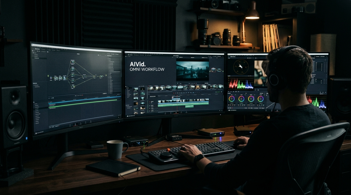 Professional creator workspace demonstrating the centralized AIVid workflow running multiple high-end AI models on a single screen.