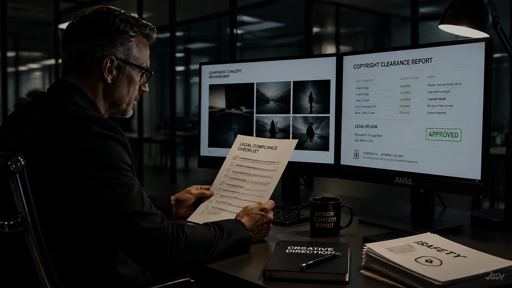 Corporate design director reviewing IP indemnification and copyright compliance for Adobe Firefly AI commercial assets in a high-end studio. [Editorial / Documentary] A moody, low-lit photography shot of a corporate design director in a modern glass office reviewing legal compliance and copyright clearance documents on a dual-monitor setup. Deep shadows and chiaroscuro lighting emphasize focus and corporate IP safety. The transparent 'AIVid.' watermark sits subtly over the monitor's bezel.