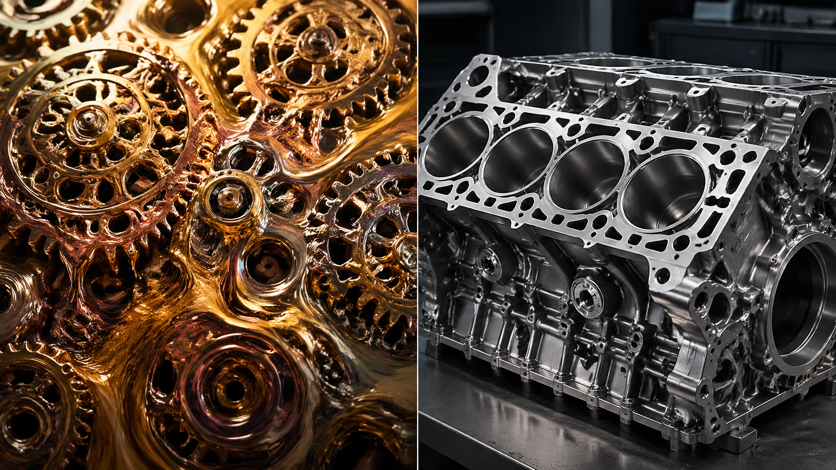 AIVid. Mechanical Physics Rendering Test - [Before/After Split] A 1:1 split image. Left side shows beautiful but mechanically nonsensical gears melting together. Right side shows an ultra-precise, hyper-realistic titanium engine block with anatomically correct mechanical spacing.
