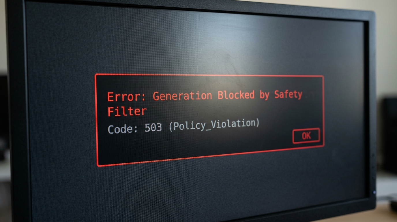Macro shot of a computer monitor displaying a harsh safety filter error message blocking video generation.
