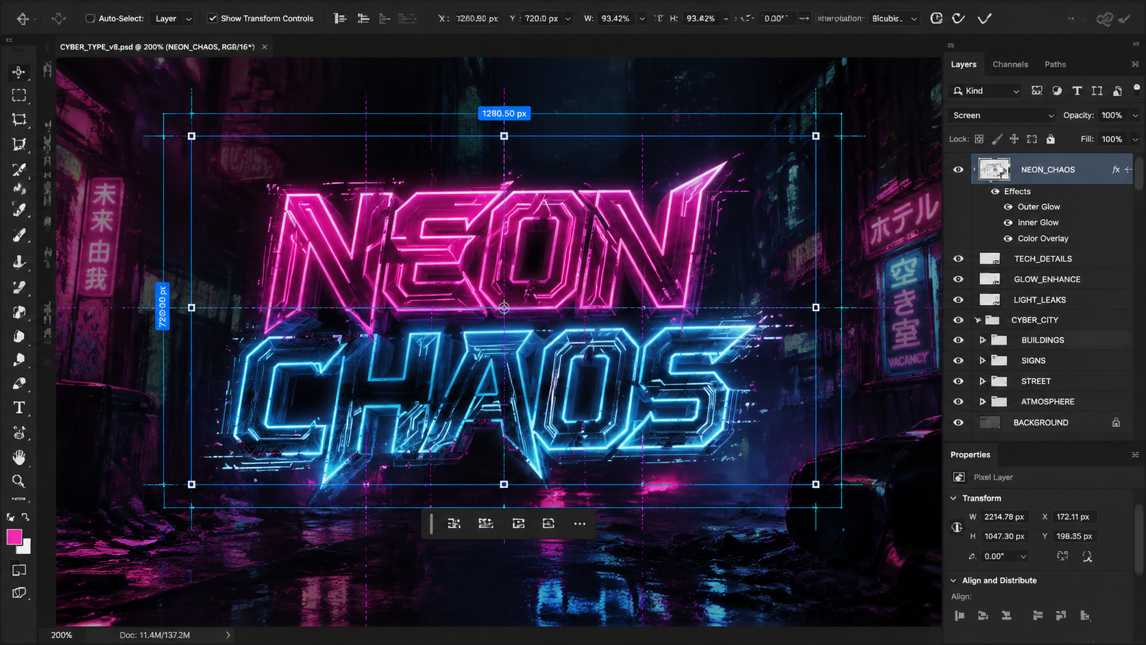 AIVid. Precision Typography Overlay - [UI/UX Technical Shot] A macro view of an image editing workspace where complex, glowing neon typography is being overlaid onto a chaotic cyberpunk background, showcasing pinpoint structural precision in the UI bounding boxes.
