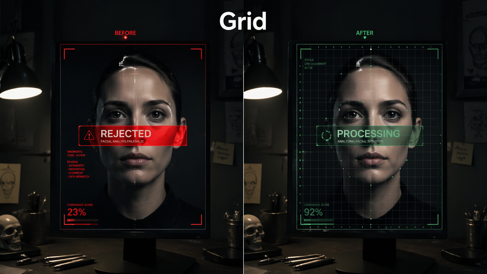 Before and after split showing a rejected SeeDance face upload versus a successful grid overlay bypass. Rationale: A direct split-screen proves the Reddit theory works, providing immediate visual evidence right after introducing the technical workaround.
