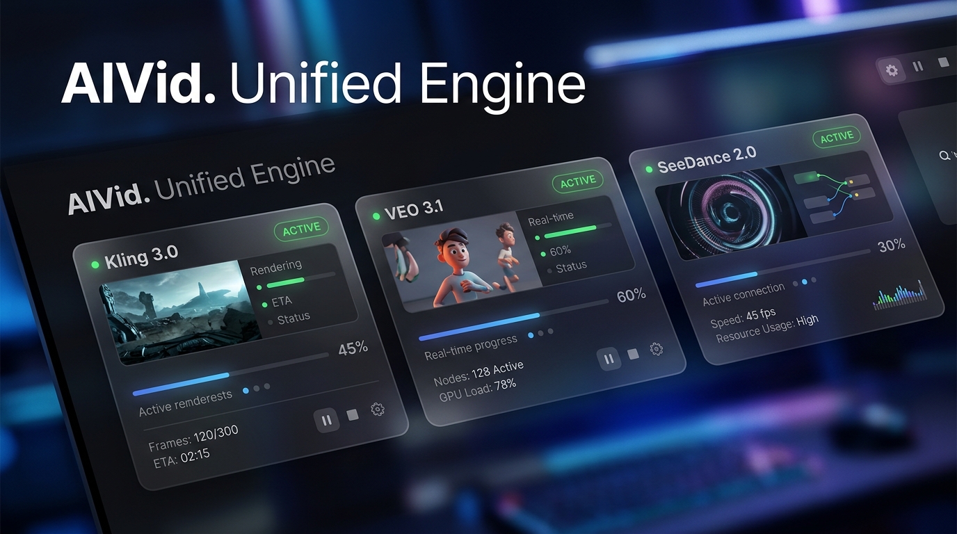 The AIVid centralized dashboard displaying multiple integrated AI models like Kling 3.0 and VEO 3.1 operating on a unified credit pool.