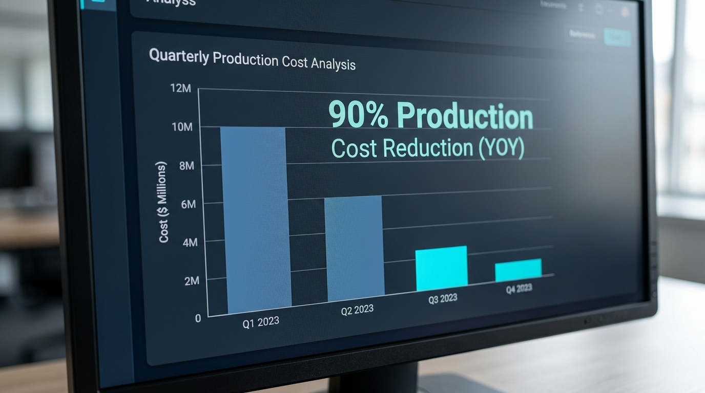 Macro shot of a reference monitor displaying a data chart that tracks a 90 percent drop in AI video production costs