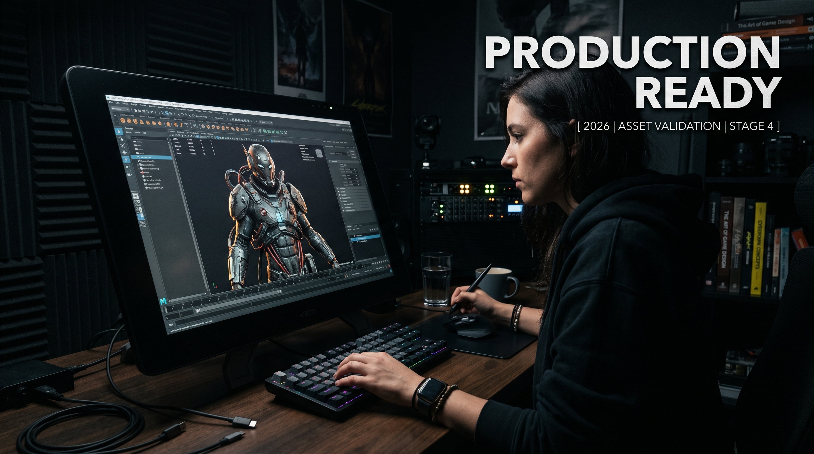 Professional digital artist workspace in cinematic lighting showing production-ready assets.