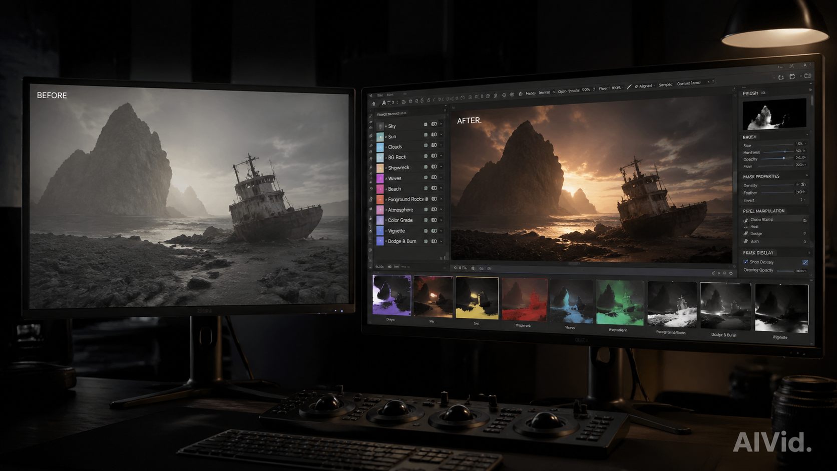 Side-by-side comparison of raw AI output versus human-authored layered composition for ai copyright compliance. [Before/After Split] Macro photography of a high-end dual-monitor setup. Left monitor displays a flat raw image render. Right monitor shows a complex UI with multiple colored mask layers and manual pixel manipulation tools. AIVid. watermark in the bottom right corner. Chiaroscuro lighting, professional studio environment, 16:9.
