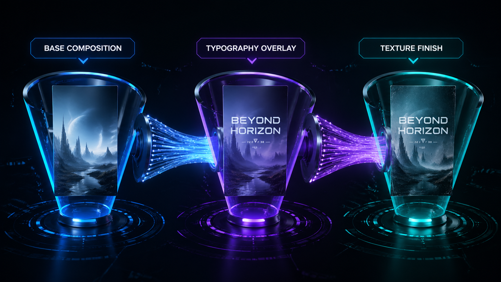 AIVid. The 3-Step Hybrid Workflow - [Workflow Diagram] A futuristic, sleek multi-stage production funnel map. Shows an asset moving from 'Base Composition' to 'Typography Overlay' and finally 'Texture Finish', connected by glowing optical fibers.