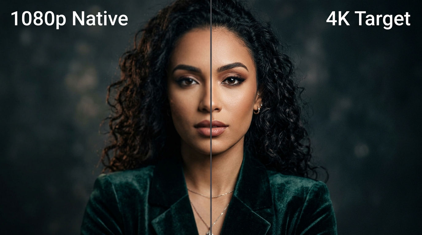 Before and after visual split showing the resolution limitations of native 1080p output versus a 4K standard.