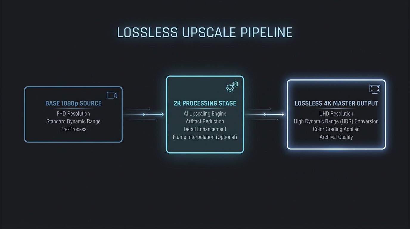 Step-by-step visual diagram illustrating the AI workflow from 1080p generation to a lossless 4K master output.