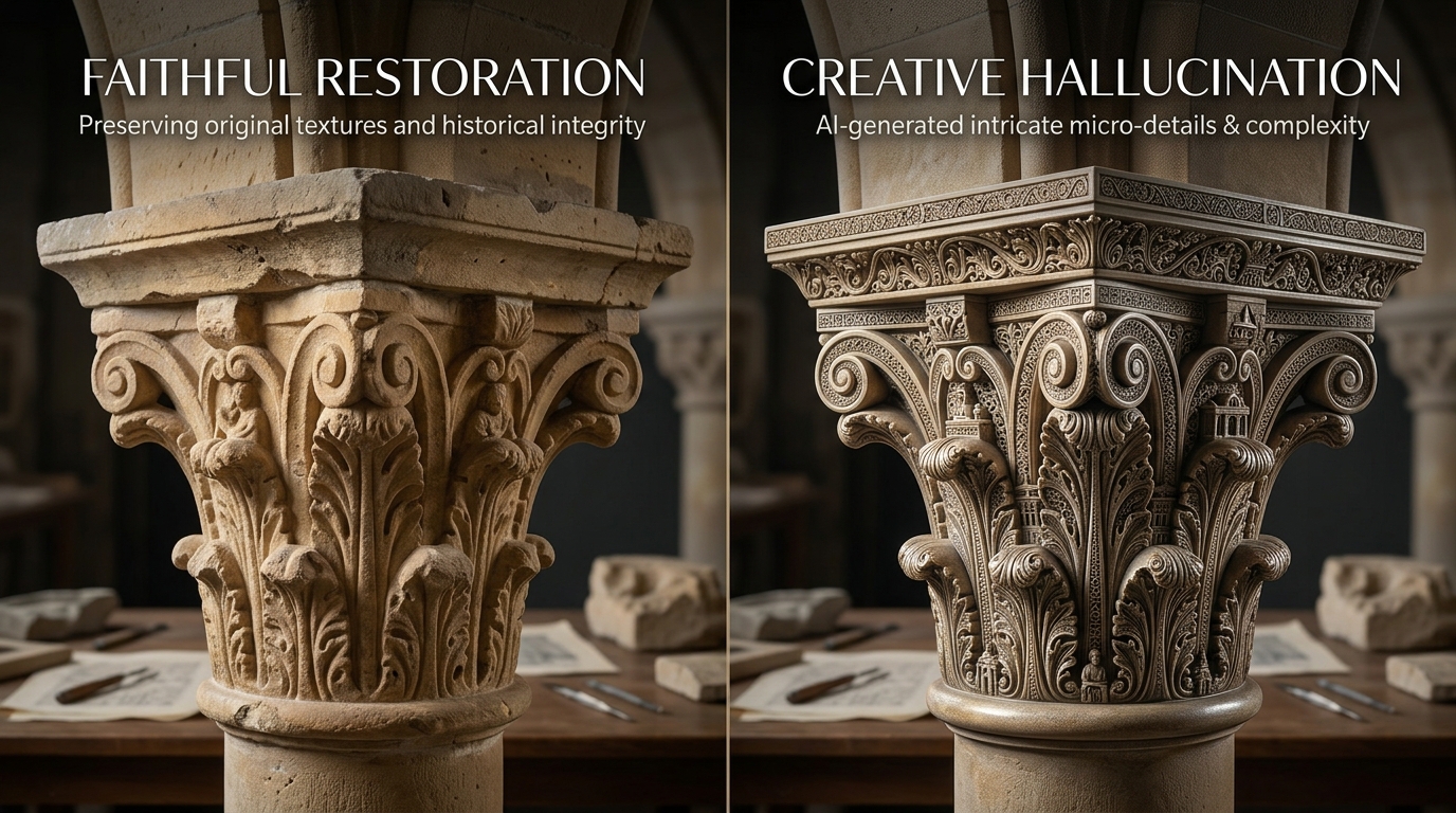 Visual breakdown of faithful AI video restoration compared to creative AI detail generation upscaling.