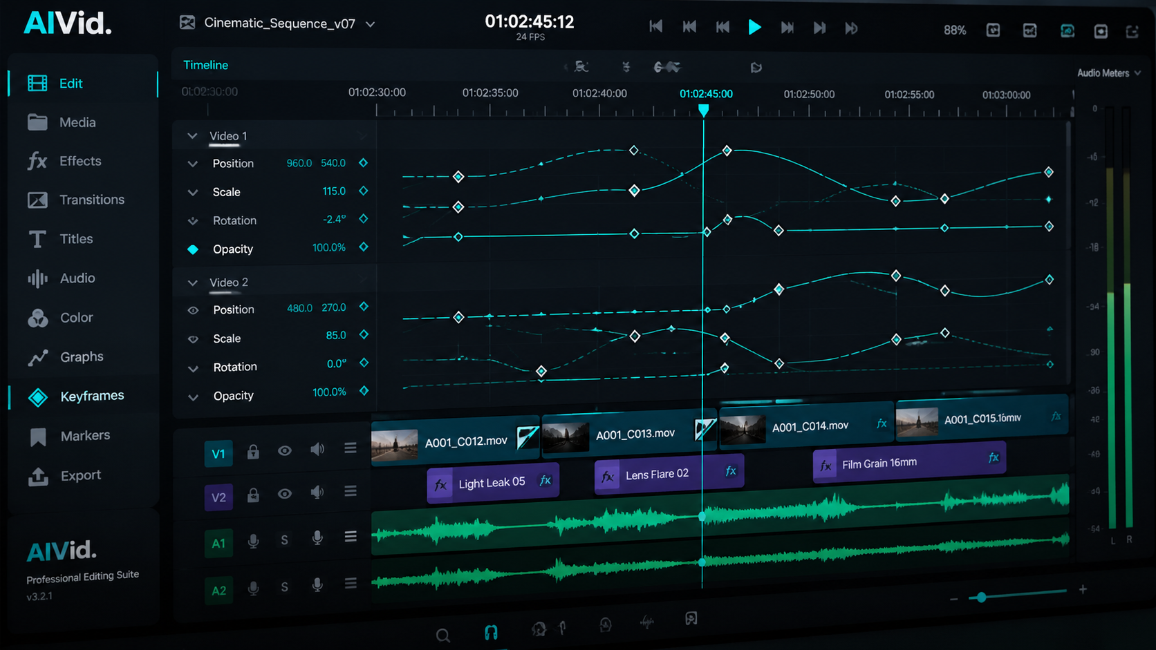 UI technical view of a surgical editing timeline displaying multi-track audio templates and subject-centered keyframing tools. Macro shot of a surgical non-linear editing timeline featuring intricate keyframe nodes and audio waveform analytics, crisp UI typography, deep grey and neon teal color palette, premium monitor screen texture, AIVid. branding on the tool palette.