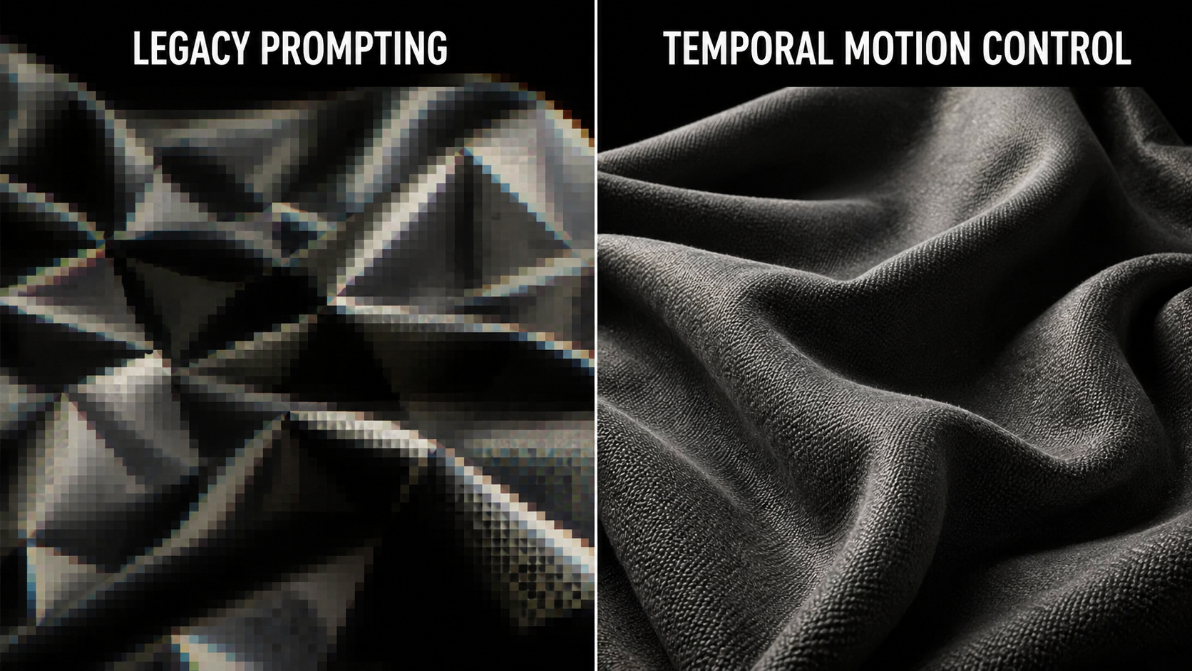 Before and after split screen comparing pixelated legacy text generation versus hyper-realistic automated AI content creation with temporal motion. A 1:1 split screen showing Legacy Prompting with pixelated geometric warping on the left, and Temporal Motion Control with a hyper-realistic, perfectly structured 3D fabric texture on the right, high contrast chiaroscuro lighting.