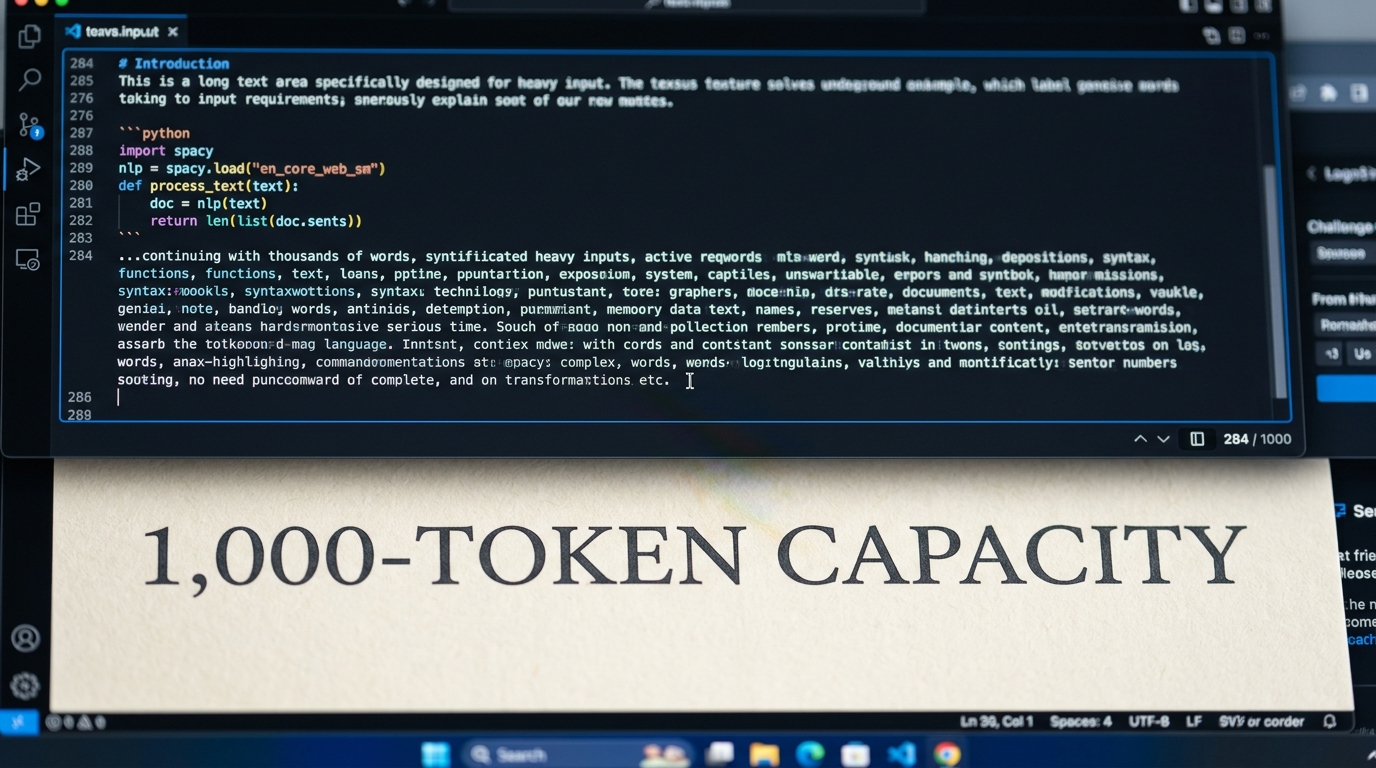 UI macro shot displaying a 1,000-token prompt input and perfect AI typography generation.