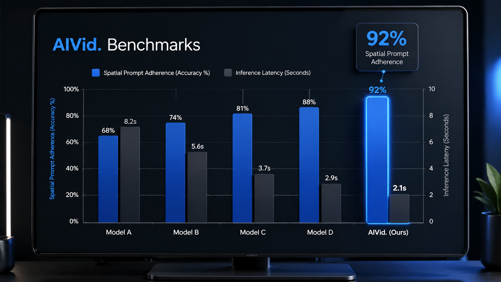Digital chart comparing graphic design AI model execution velocity, displaying 92 percent spatial prompt adherence versus high-velocity base latency. [Data Chart / Table] A sleek, 3D rendered dark-mode comparison chart detailing inference latency vs spatial prompt adherence. The bar graph emphasizes a 92 percent accuracy metric in a vibrant blue accent against a dark slate background. Photorealistic texturing on the digital screen. 'AIVid. Benchmarks' integrated into the graph legend.