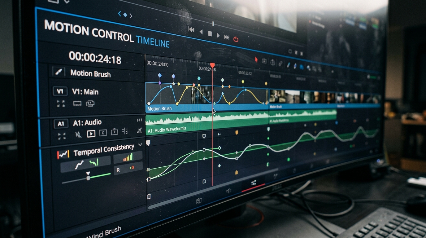 Macro shot of a video editing interface highlighting motion control and timeline tracks.