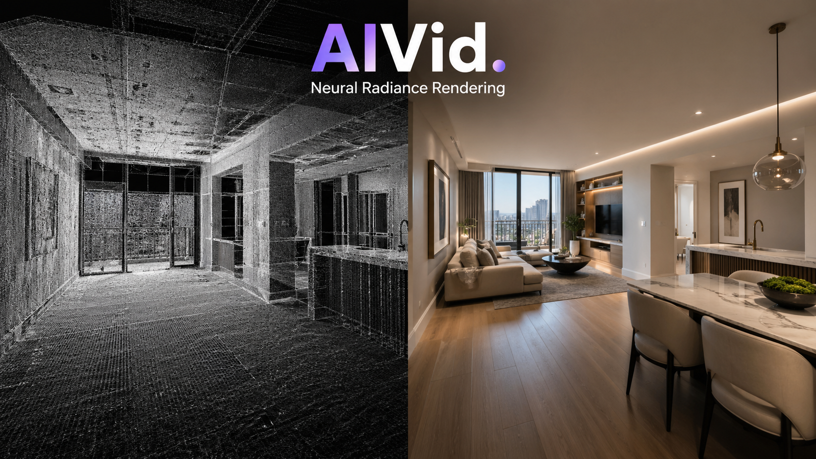 Side-by-side split showing an empty room transforming into photorealistic 3D visualization and virtual staging. Seamless side-by-side split comparison image. Left side shows a raw concrete wireframe apartment scanned via LiDAR. Right side shows the identical angle fully rendered with modern AI virtual staging, global illumination, and luxury decor. Integrated typography label: AIVid. Neural Radiance Rendering.