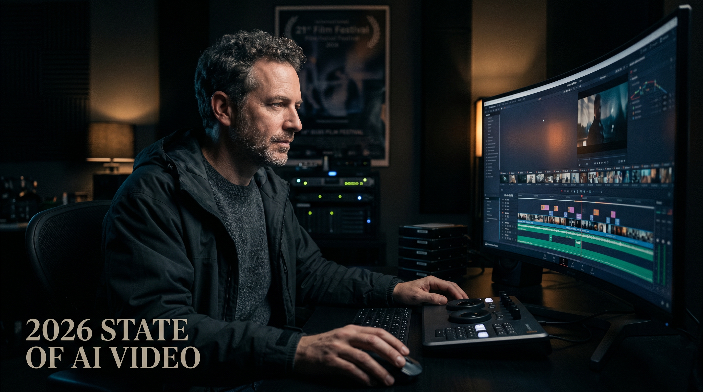 Professional video editor analyzing generative AI models on an ultra-wide monitor in a dark studio setting.