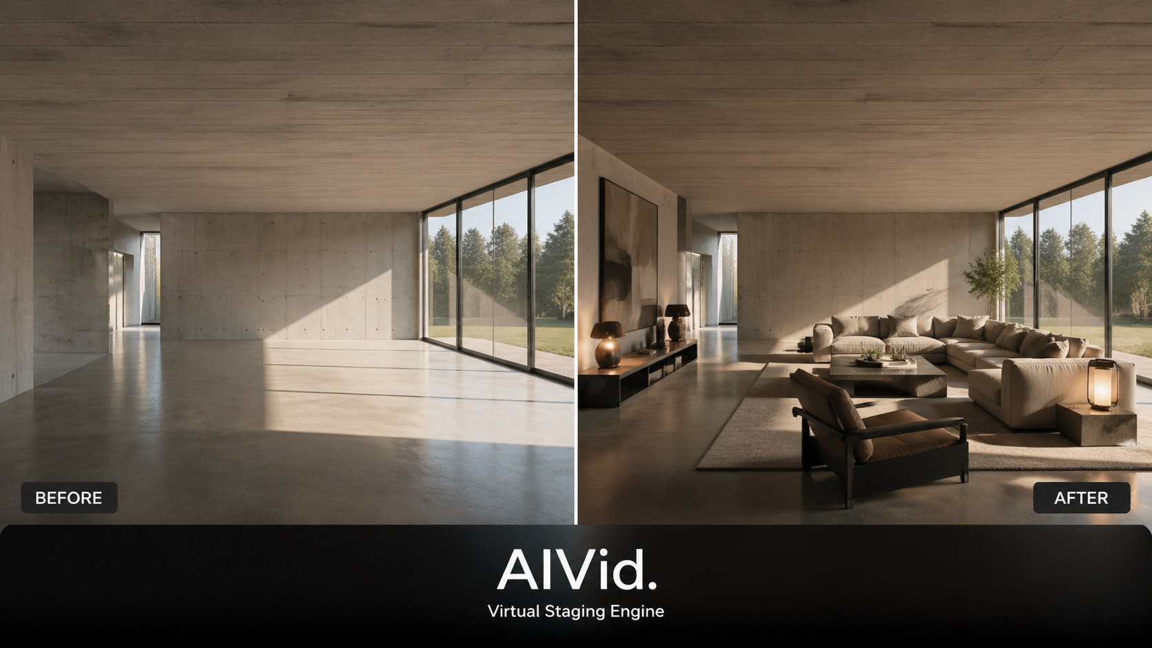 Before and after visual demonstrating virtual staging for real estate, comparing an empty room to a digitally furnished interior using 3D rendering. AIVid. brand watermark. Photorealistic 1:1 comparison showing a sterile, empty living room with hard shadows on the left, and the exact same room staged with hyper-realistic Luxury Brutalist furniture and volumetric lighting on the right, 8k render.